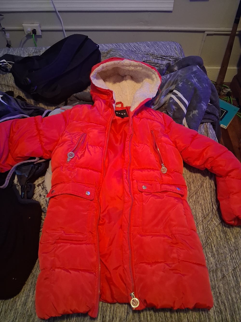 DKNY Red Puffer Coat with Sherpa Hood